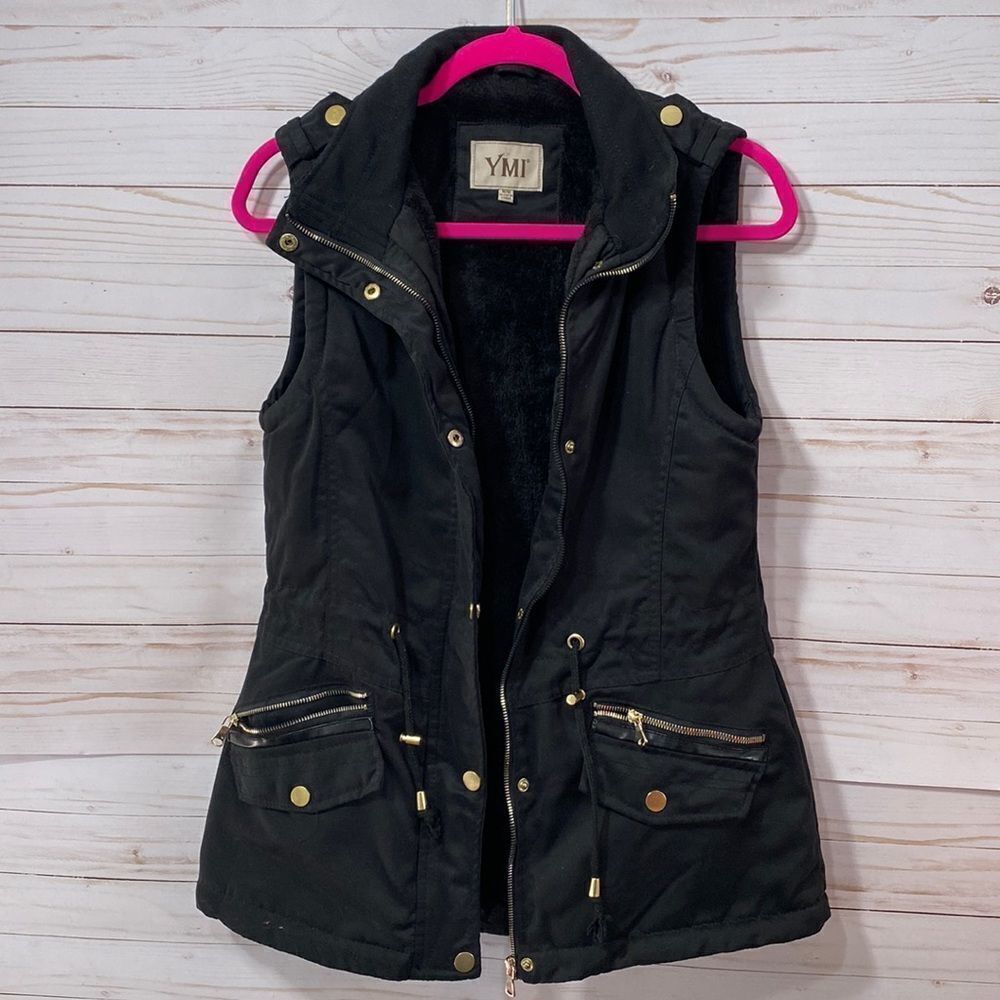 YMI Women's Sleeveless Zip Up Military Black Vest